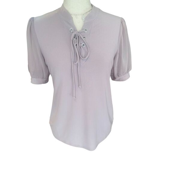 NWT: Adele & May Short Sleeve Eyelet Lace-Up Top/Blouse  Mauve Size Small - Picture 1 of 8